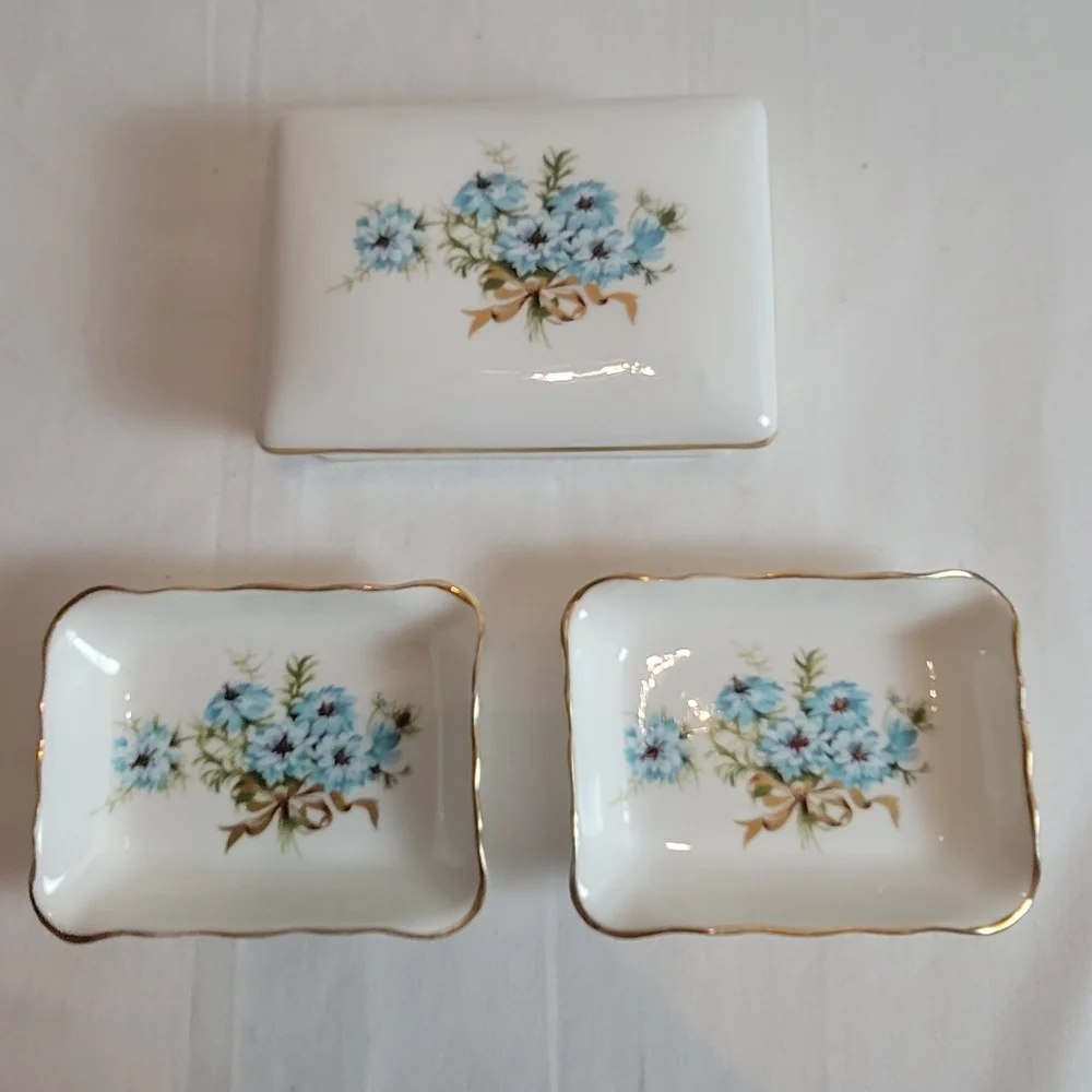 Antique Aynsley Blue Bouquet Trinket Box And Trays Bone China